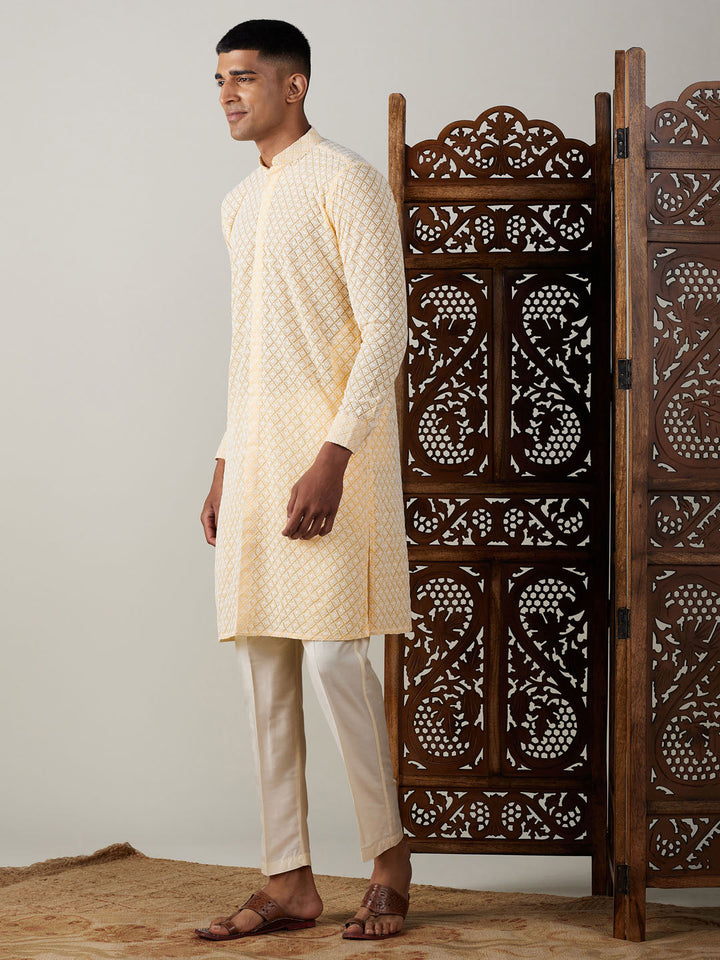 VASTRAMAY Men's Yellow Chikankari Front Open Kurta With Pant Set