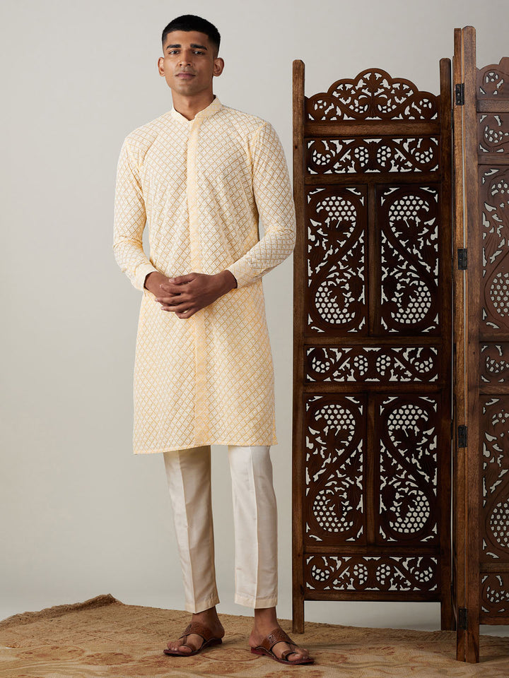 VASTRAMAY Men's Yellow Chikankari Front Open Kurta With Pant Set