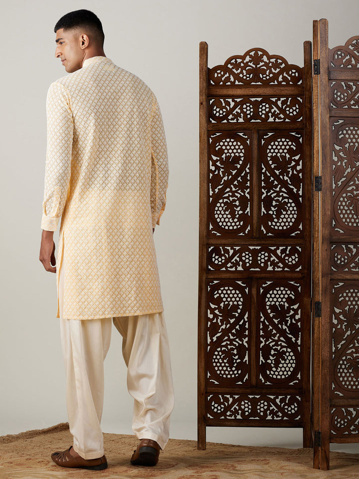 VASTRAMAY Men's Yellow Chikankari Front Open Kurta With Patiala Set, traditional Indian men's attire with intricate embroidery and matching pants