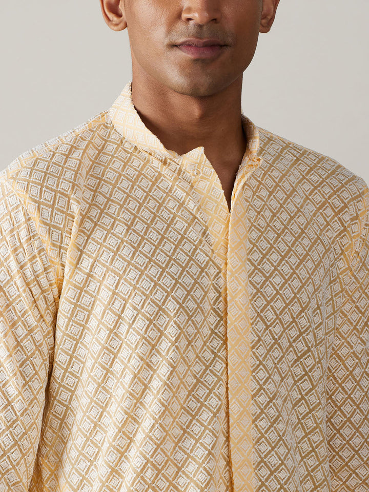 Men's yellow chikankari front open kurta with patiala set