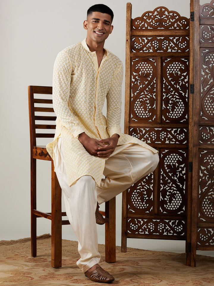 VASTRAMAY Men's Yellow Chikankari Front Open Kurta With Patiala Set - Traditional Indian ethnic wear for men, featuring intricate embroidery and matching bottoms