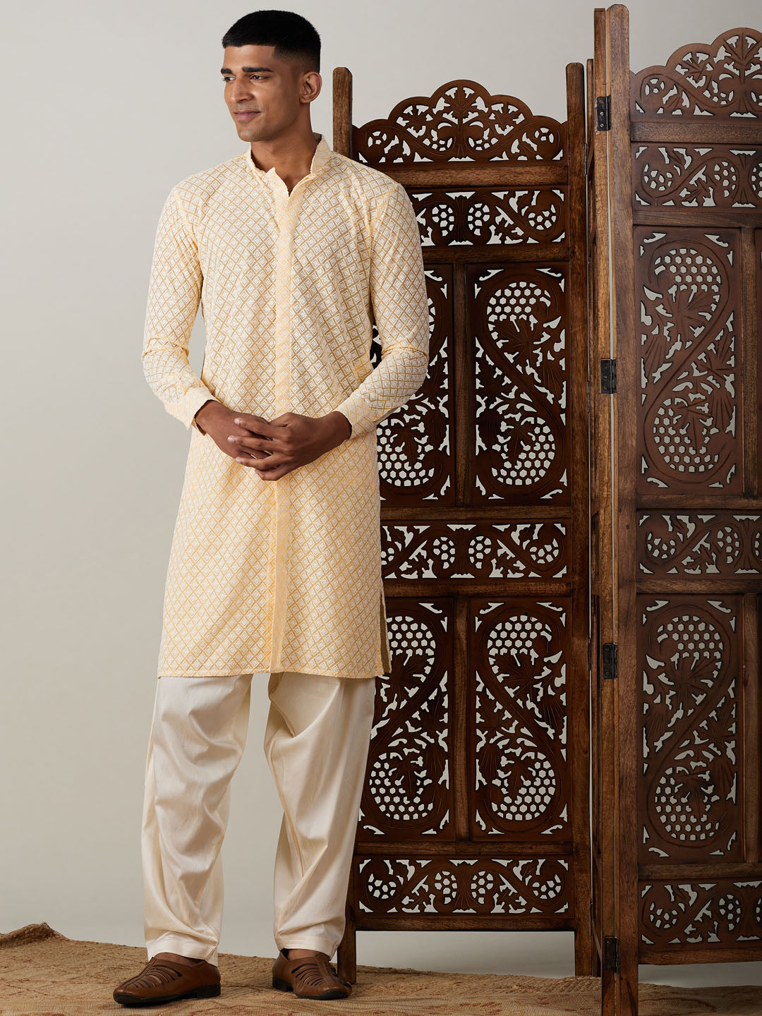 VASTRAMAY Men's Yellow Chikankari Kurta With Patiala - Traditional Indian ethnic wear for men featuring intricate embroidery and comfortable bottoms