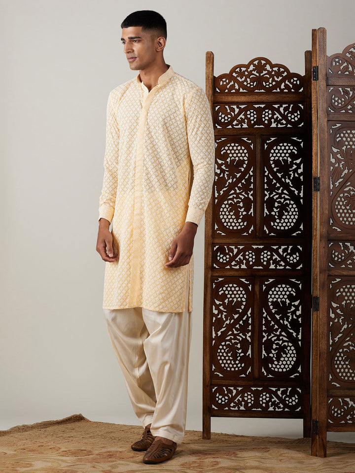 VASTRAMAY Men's Yellow Chikankari Front Open Kurta WithPatiala Set - Traditional Indian ethnic wear for men with intricate embroidery