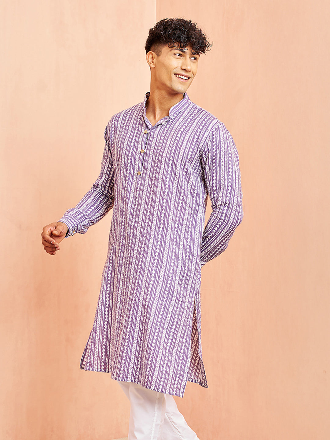 Men's Purple And White Batik Printed Kurta
