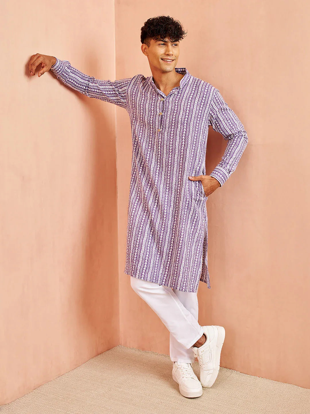 Men's Purple And White Batik Printed Kurta With White Pant Set