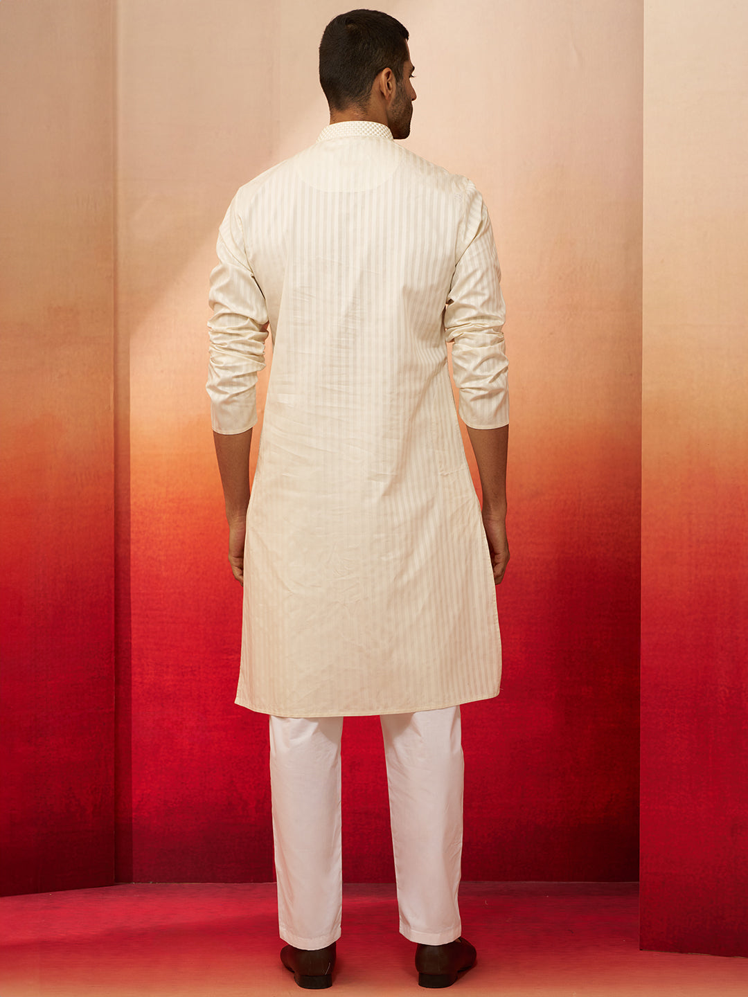 Men's Cream Thread Embroidered Kurta with Pyjama
