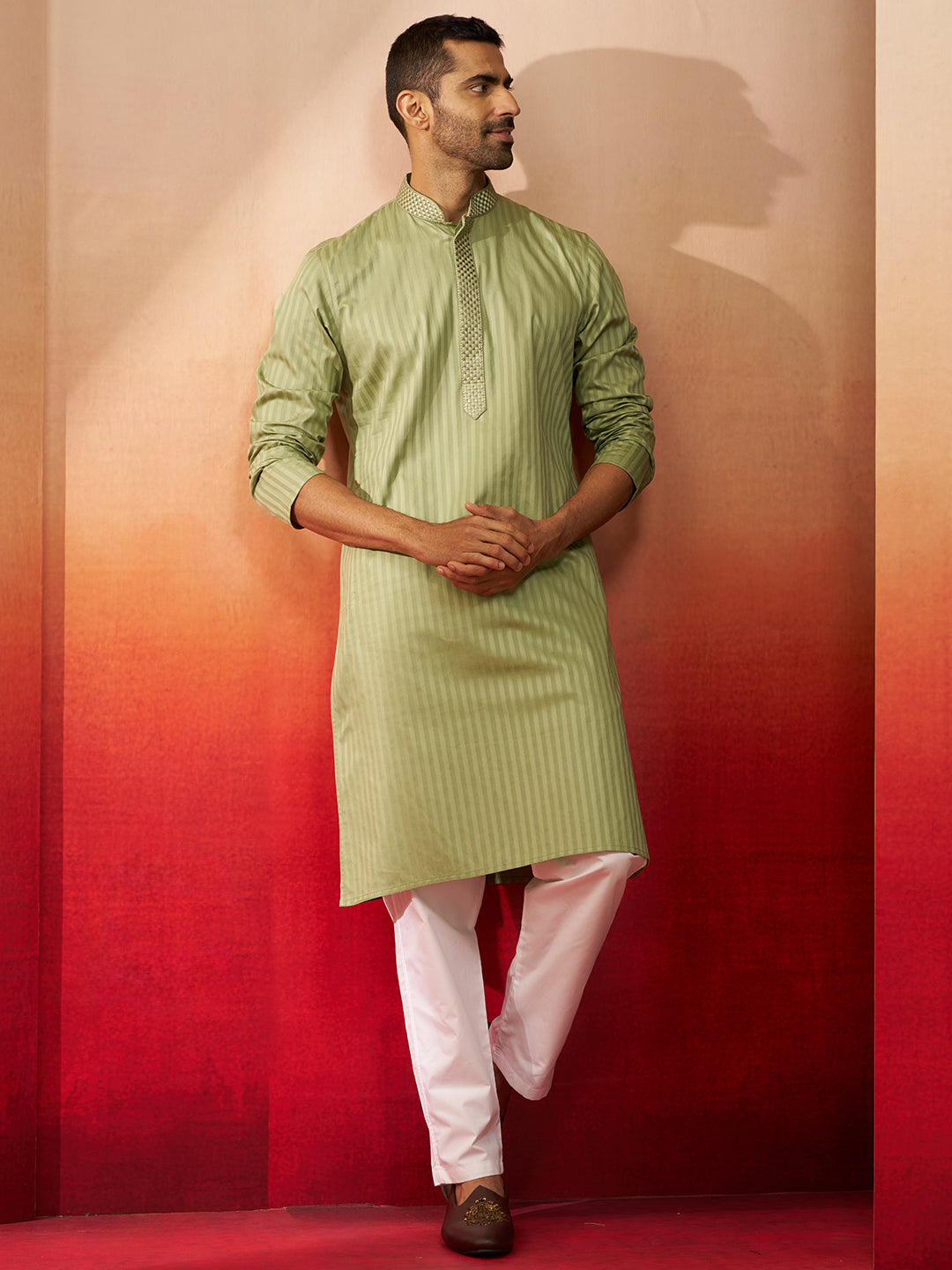 Men's Mint Green Thread Embroidered Kurta with Pyjama
