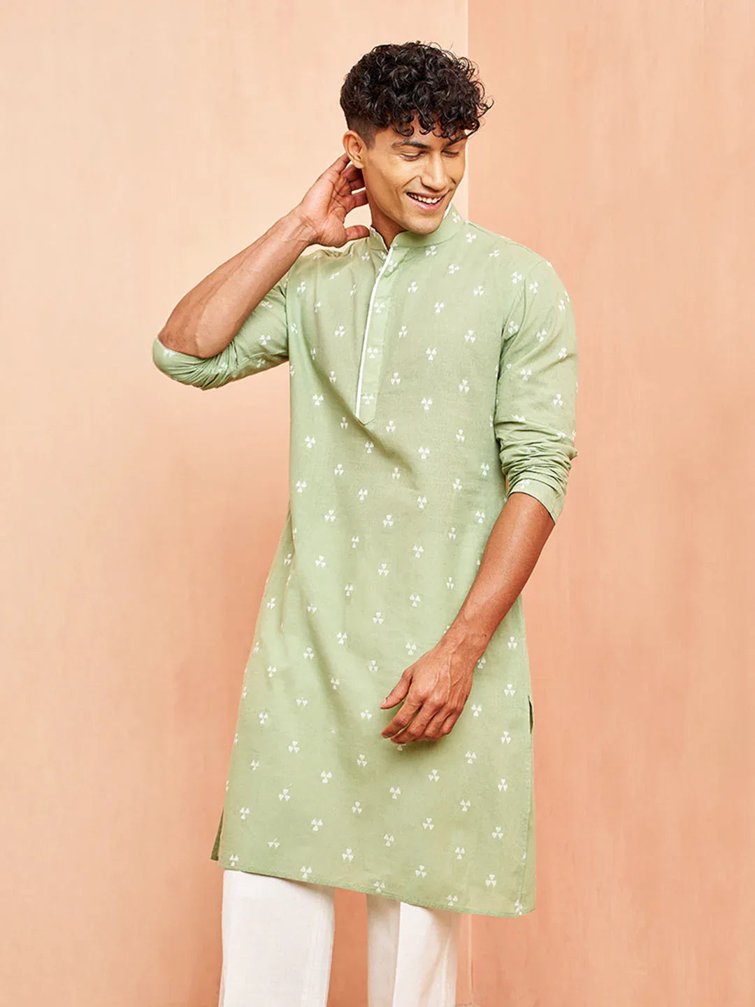 Men's Green Geometric Booti Jacquard Kurta