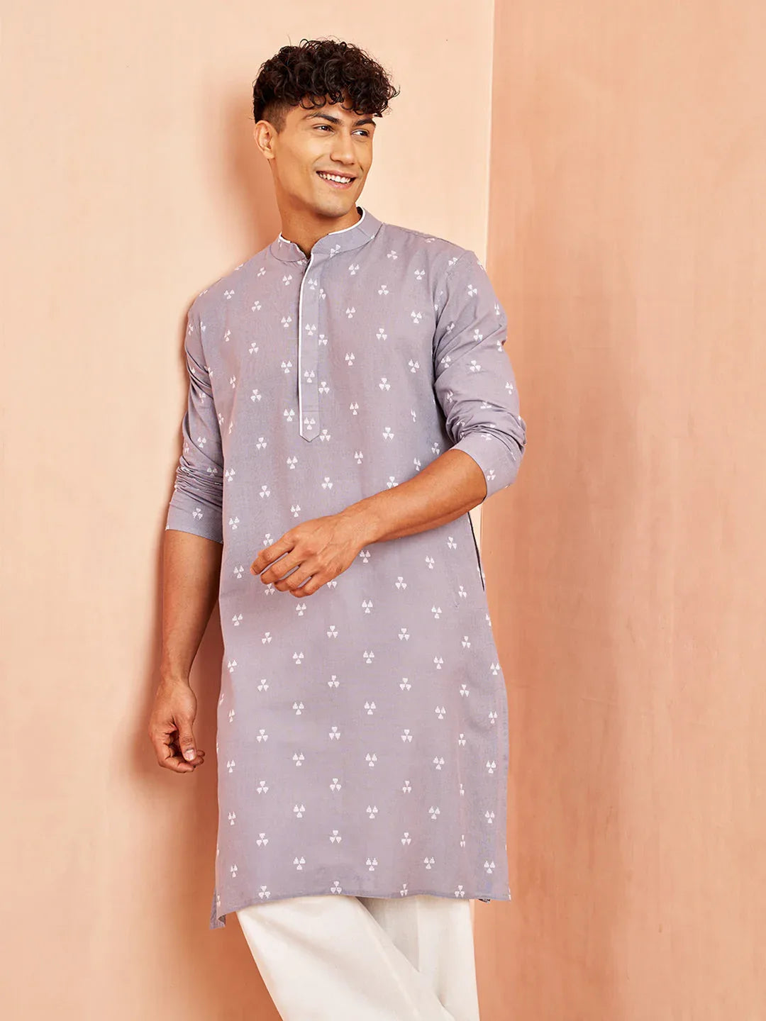 Men's Grey Geometric Booti Jacquard Kurta