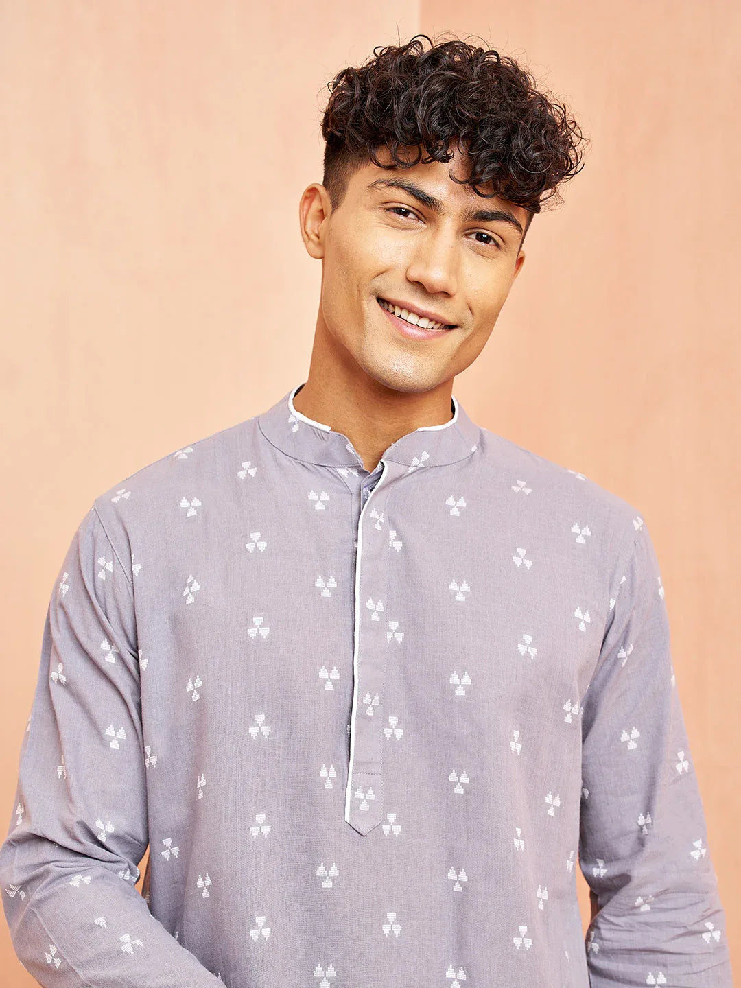 Men's Grey Geometric Booti Jacquard Kurta