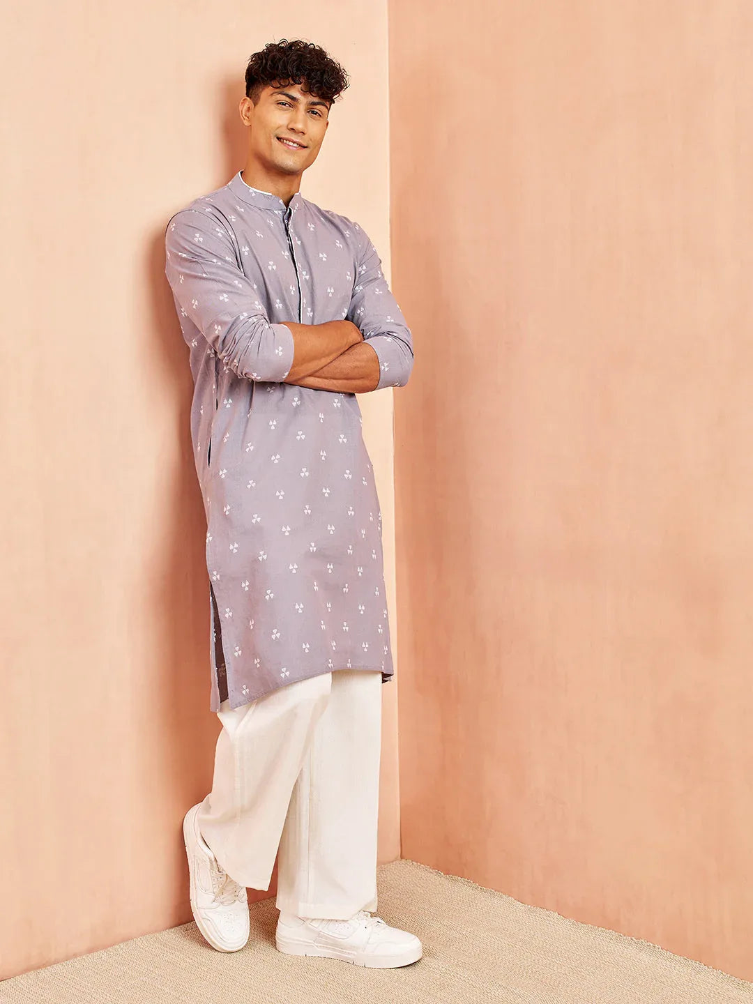 Men's Grey Geometric Booti Jacquard Kurta