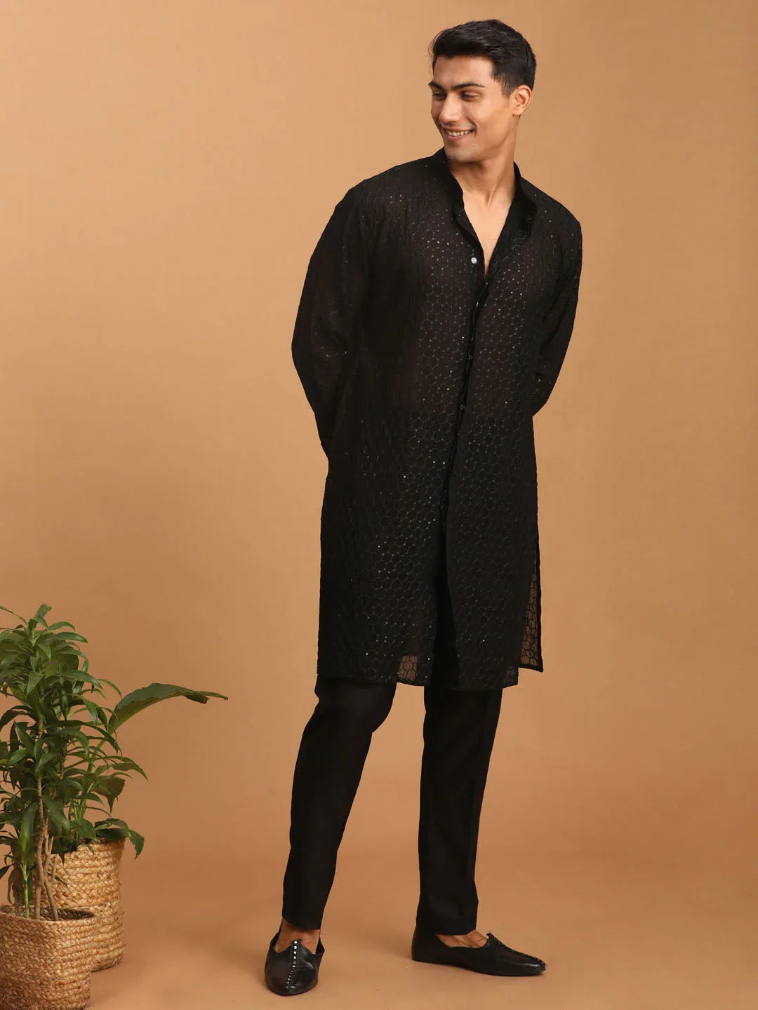 Men's Black Sequined Front Open Georgette Kurta With Pant