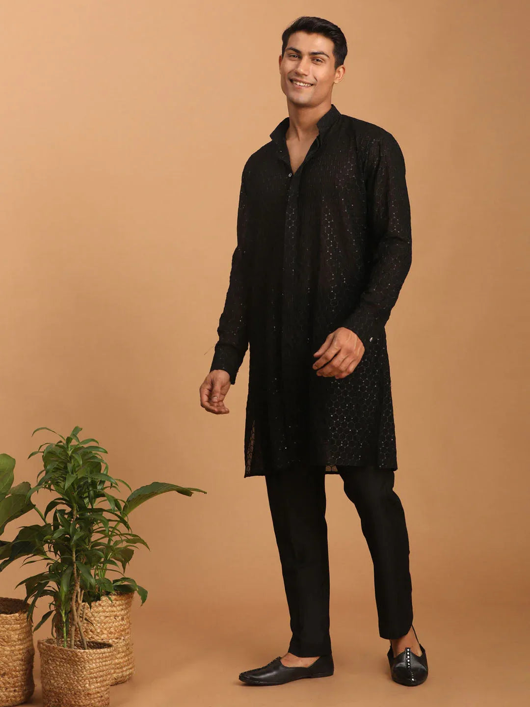 Men's Black Sequined Front Open Georgette Kurta With Pant