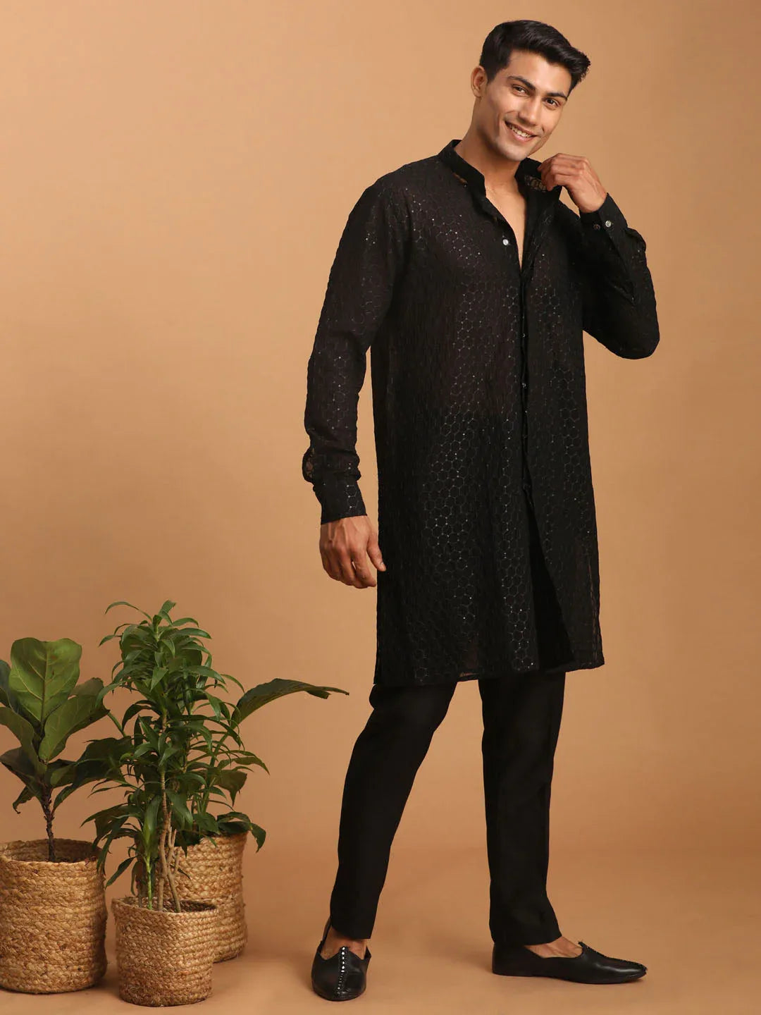Men's Black Sequined Front Open Georgette Kurta With Pant