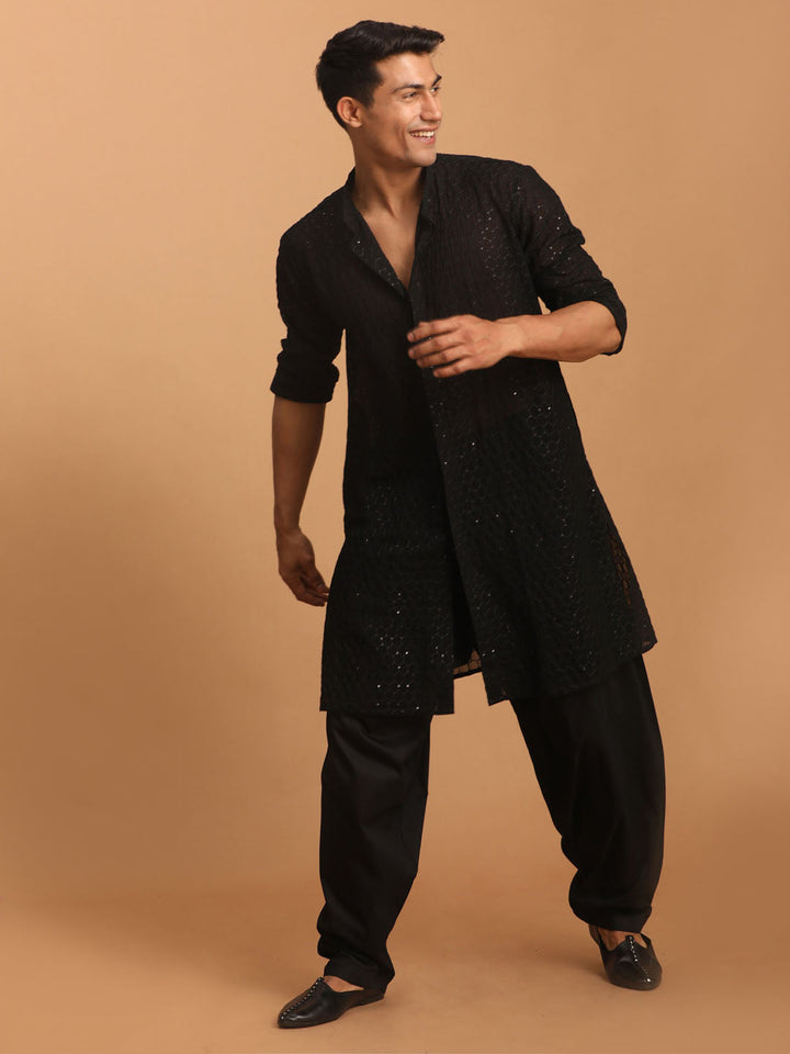 VASTRAMAY Men's Black Sequined Front Open Georgette Kurta With Patiala