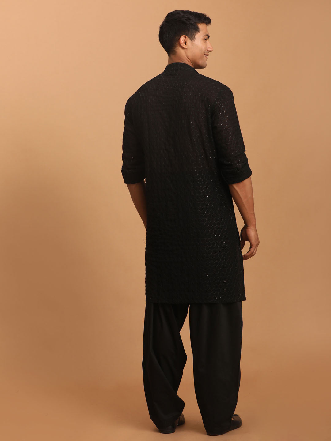 VASTRAMAY Men's Black Sequined Front Open Georgette Kurta With Patiala