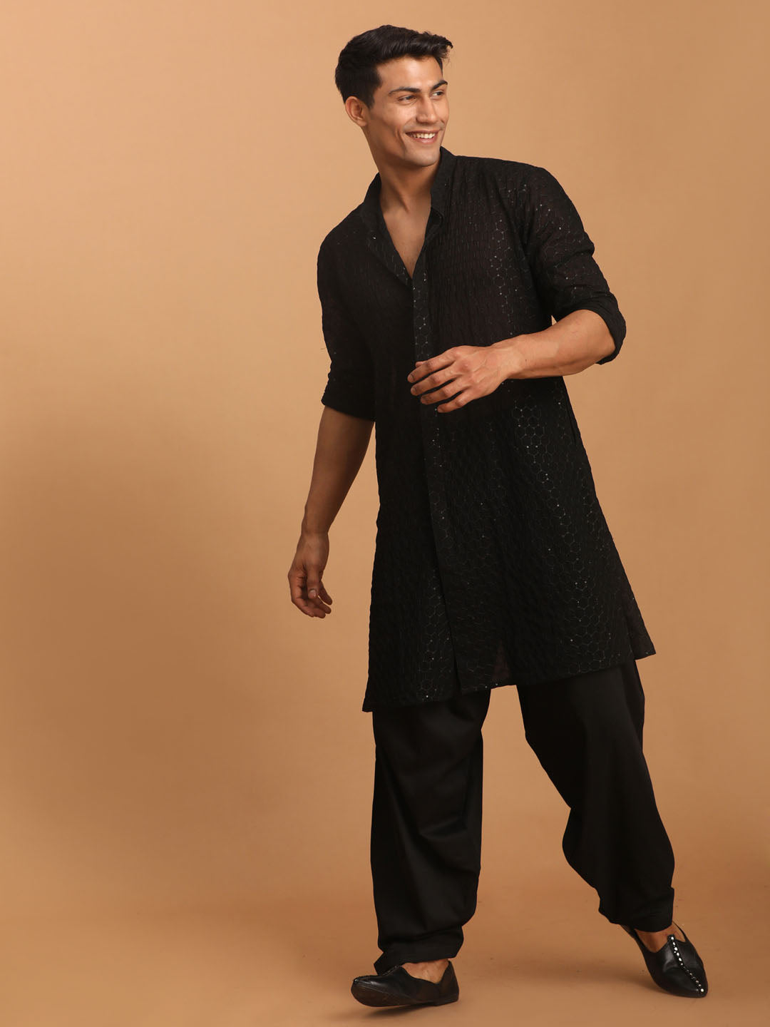 VASTRAMAY Men's Black Sequined Front Open Georgette Kurta With Patiala