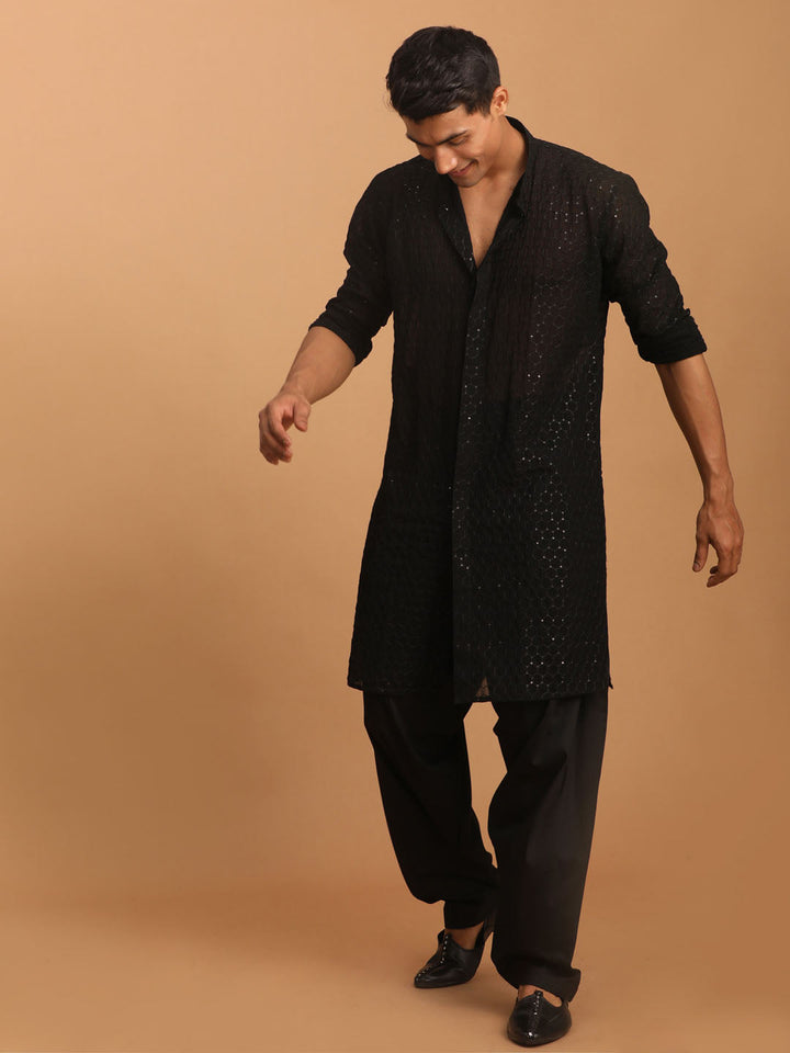 VASTRAMAY Men's Black Sequined Front Open Georgette Kurta With Patiala