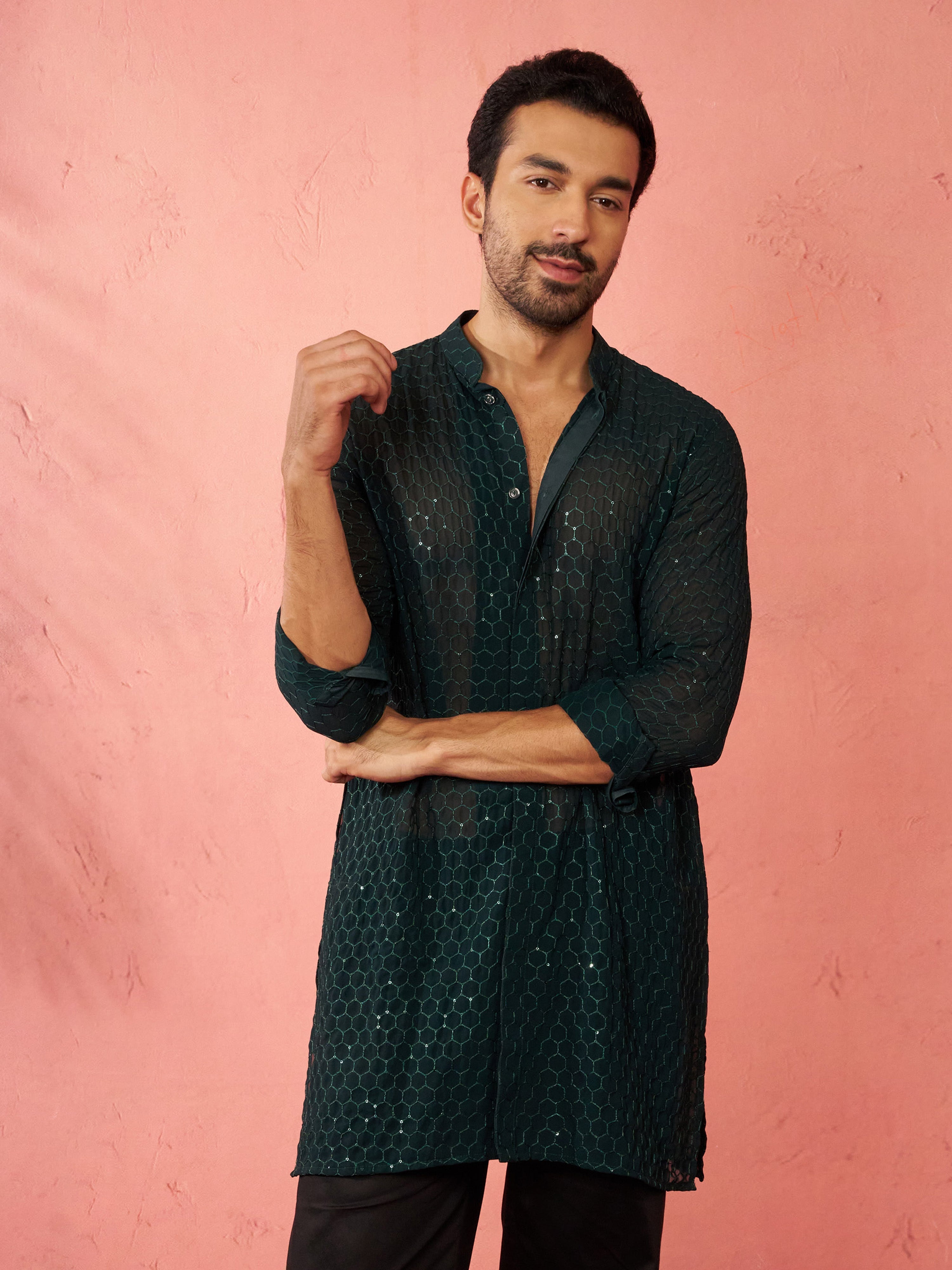 Men's Bottle Green Georgette Mid Kurta