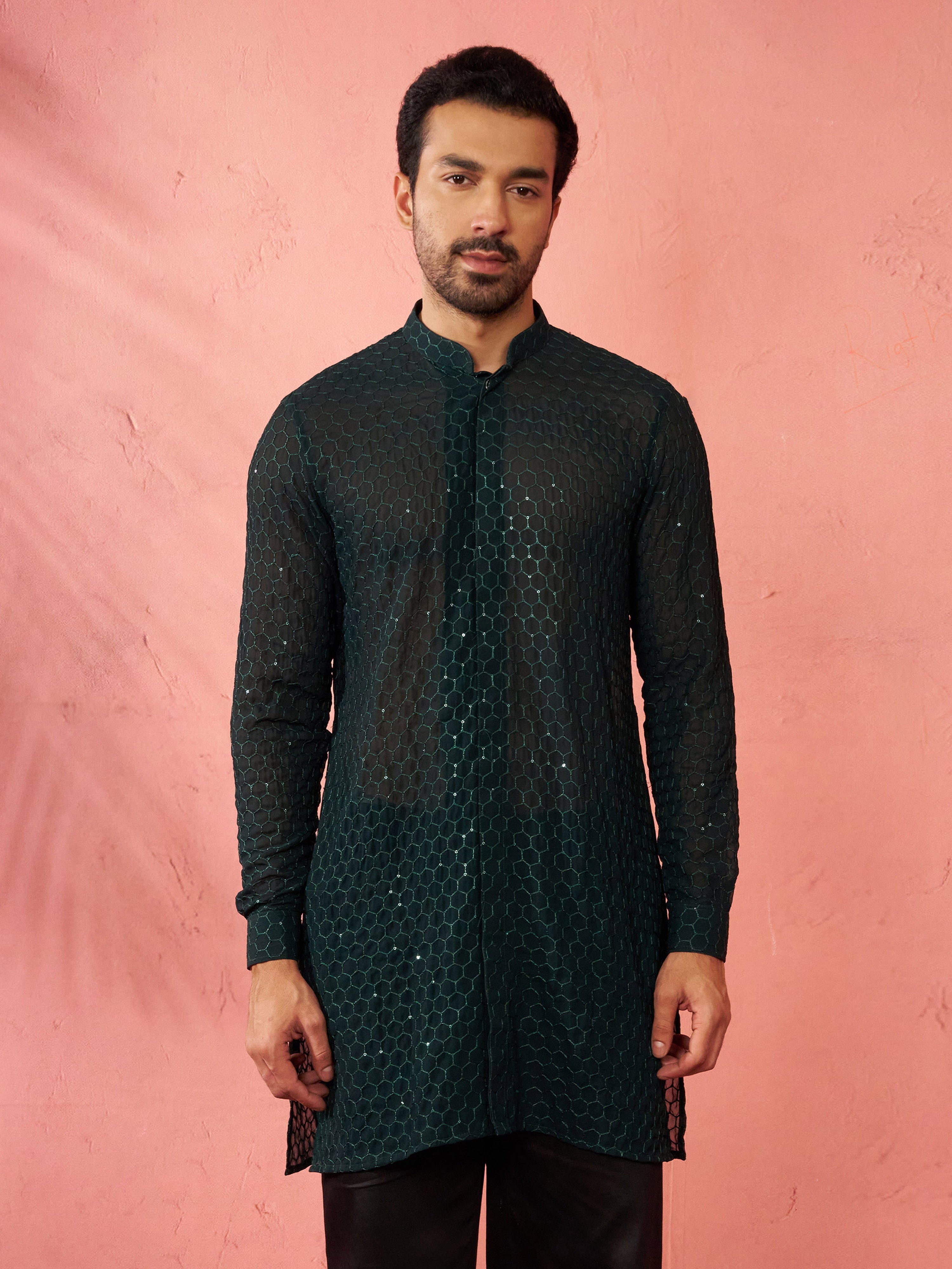 Men's Bottle Green Georgette Mid Kurta