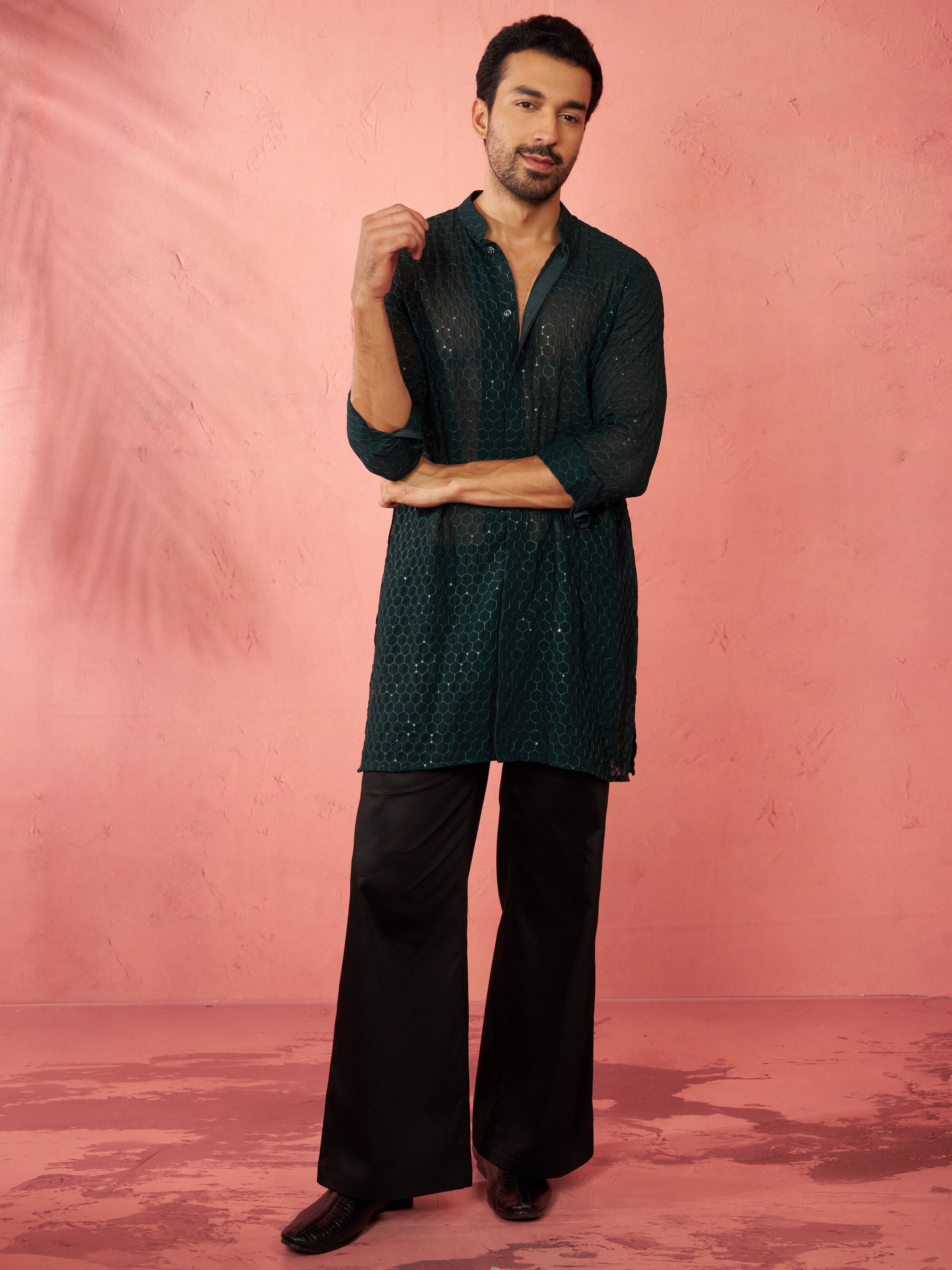 Men's Bottle Green Georgette Mid Kurta