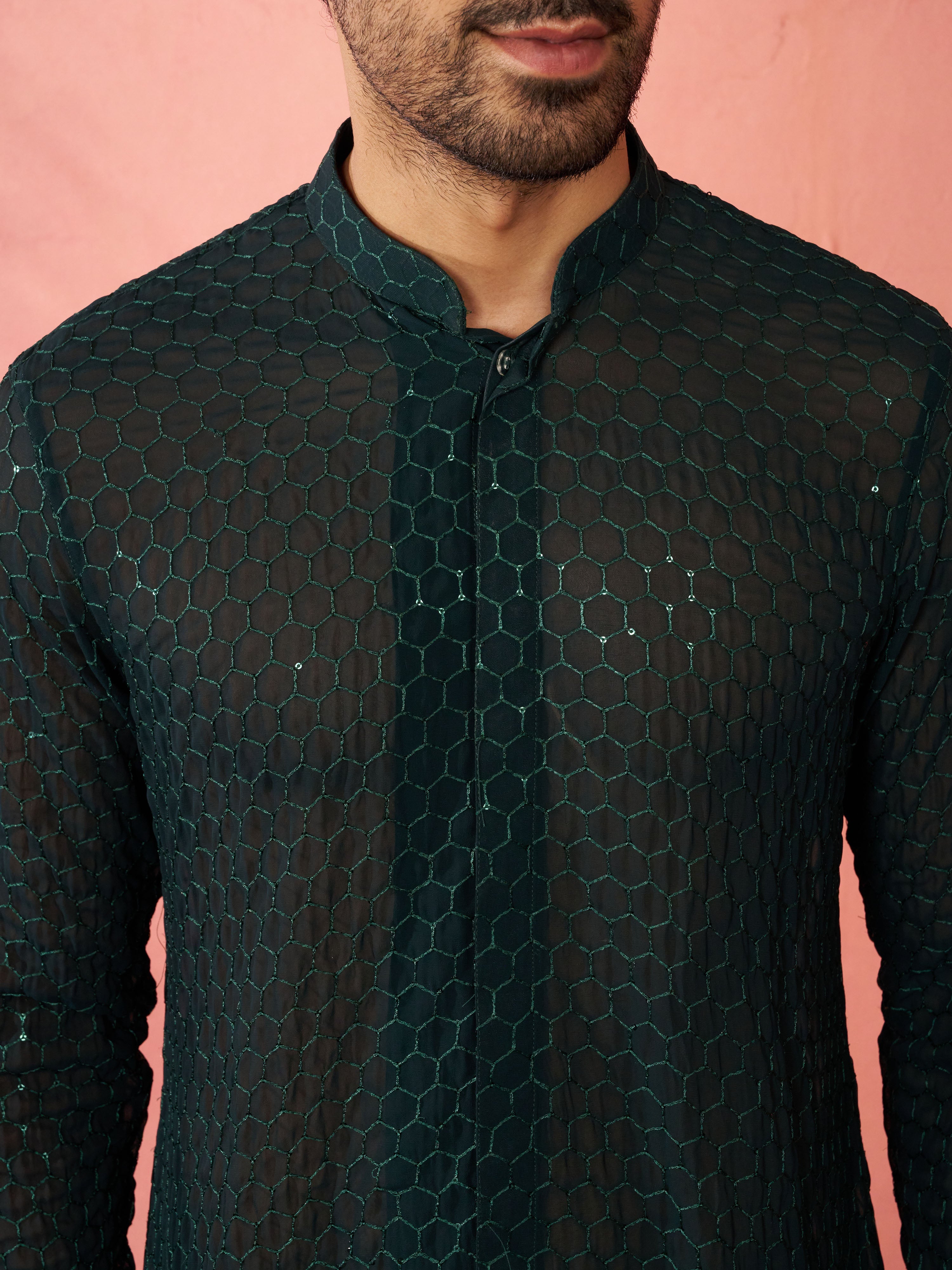 Men's Bottle Green Georgette Embroidered Kurta with Black Satin Palazzo Pant Set