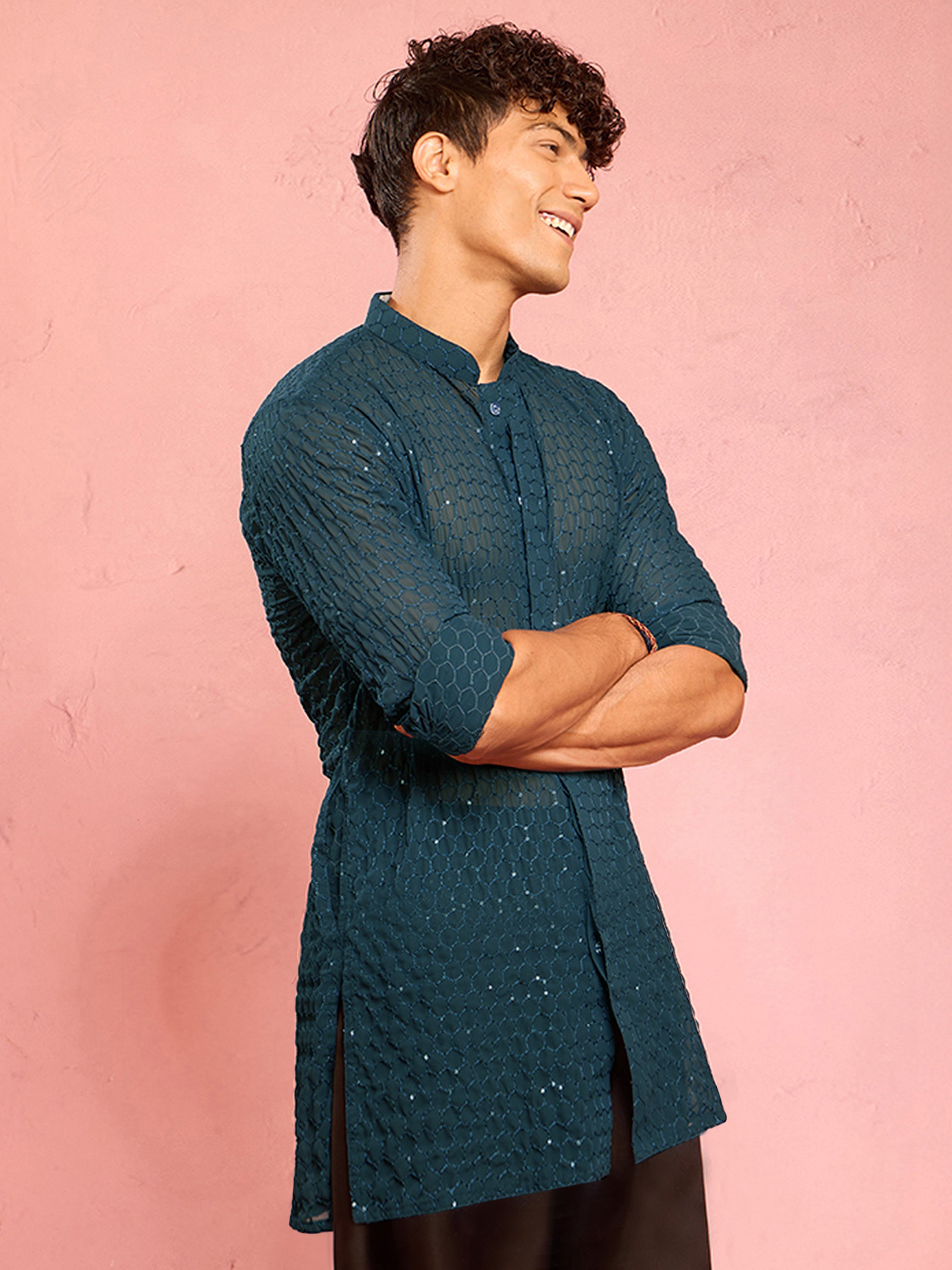 Men's Navy Blue Georgette Sequin & Thread Embroidered Mid-Length Kurta