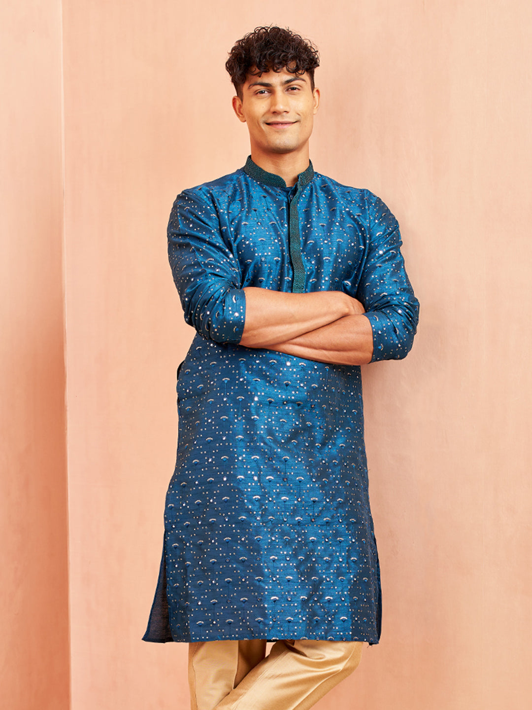 Men's Blue Silk Blend Embellished Kurta