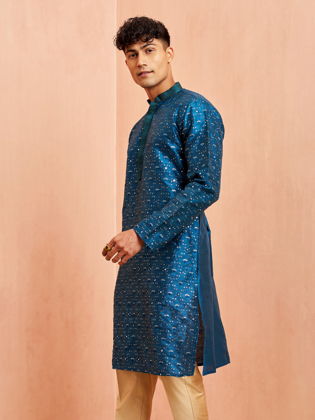 Men's Blue Silk Blend Embellished Kurta