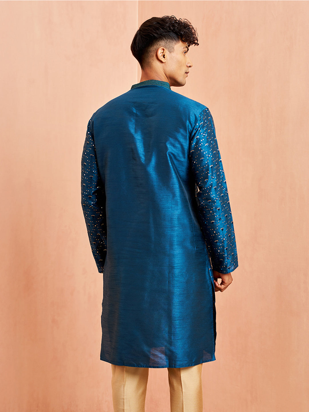 Men's Blue Silk Blend Embellished Kurta