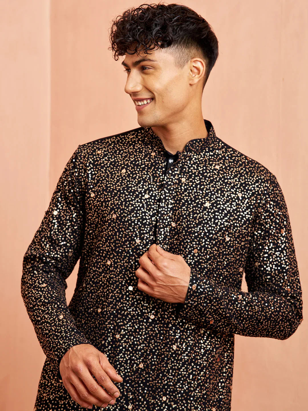 Men's Black Georgette Zari With Sequins Worked Kurta