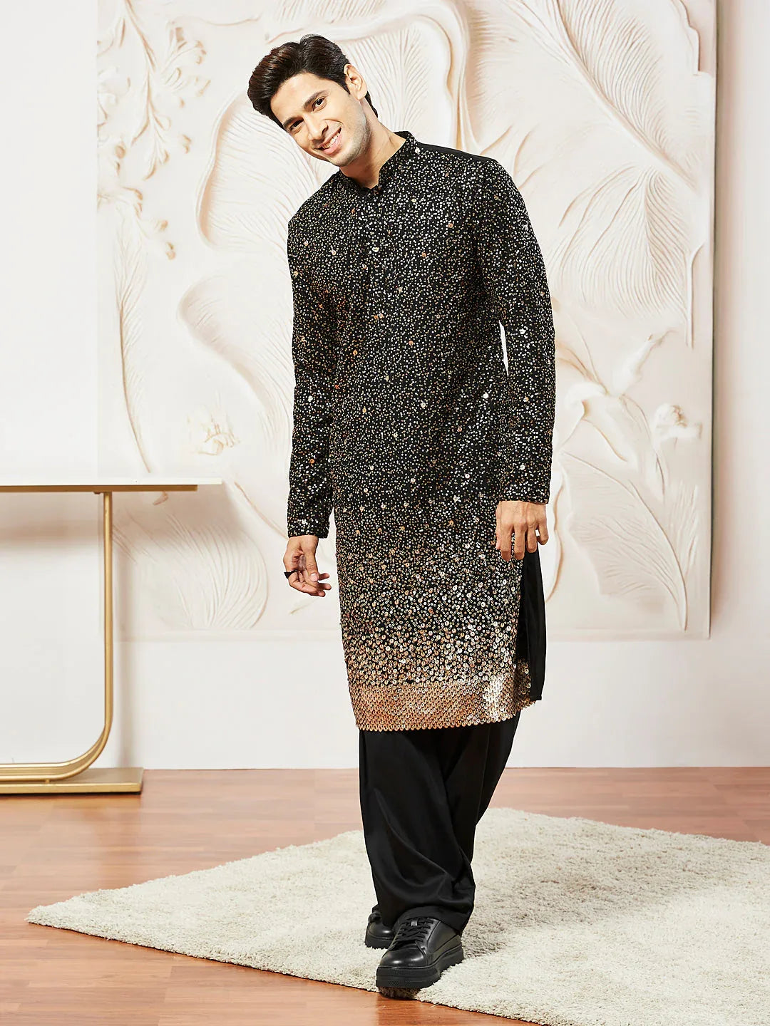 Men's Black Georgette Zari With Sequins Worked Kurta Patiala Set