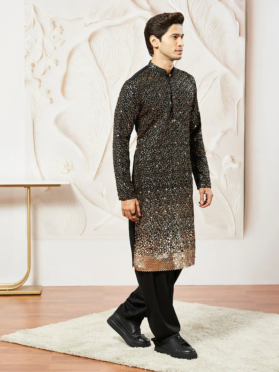 Men's Black Georgette Zari With Sequins Worked Kurta Patiala Set