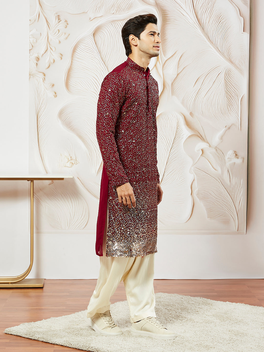 Men's Maroon Georgette Zari With Sequins Worked Kurta Patiala Set