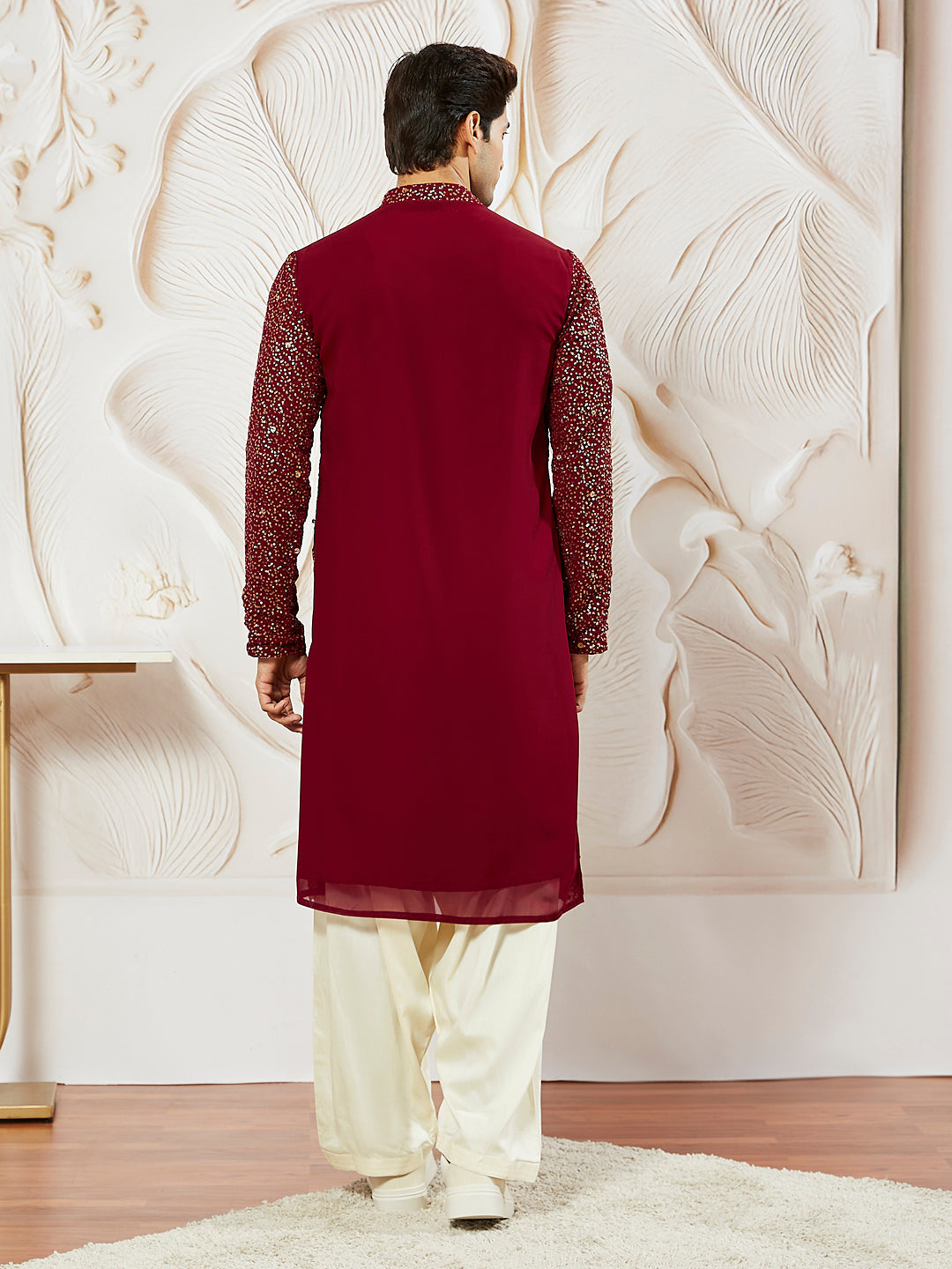 Men's Maroon Georgette Zari With Sequins Worked Kurta Patiala Set