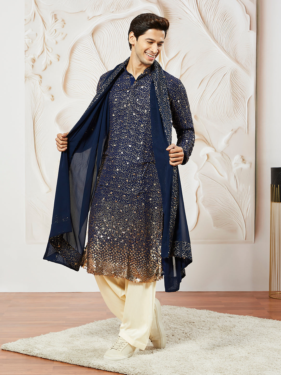 Men's Navy Blue Georgette Zari With Sequins Worked Kurta