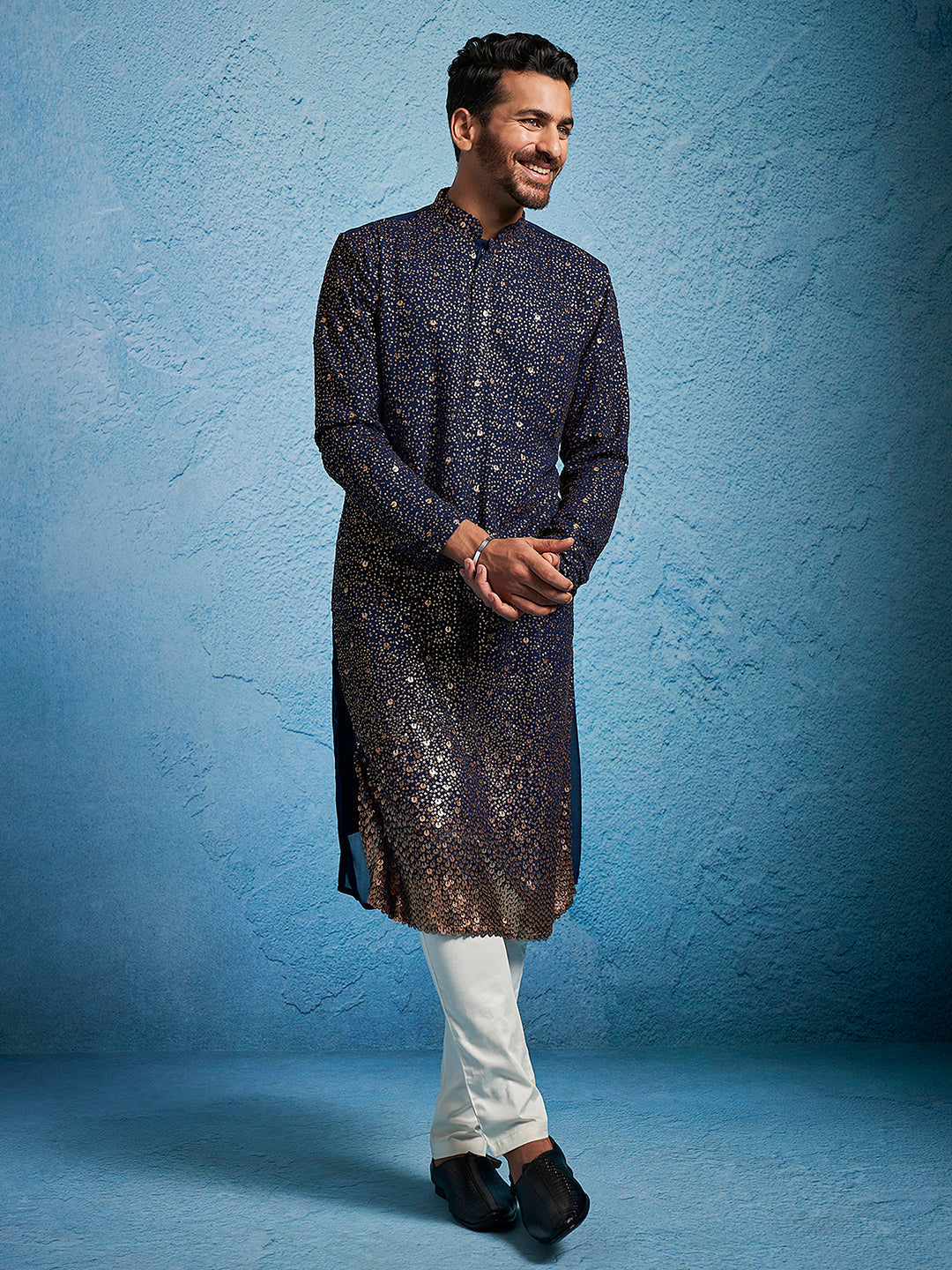 Men's Navy Blue And Cream Georgette Kurta Pyjama Set