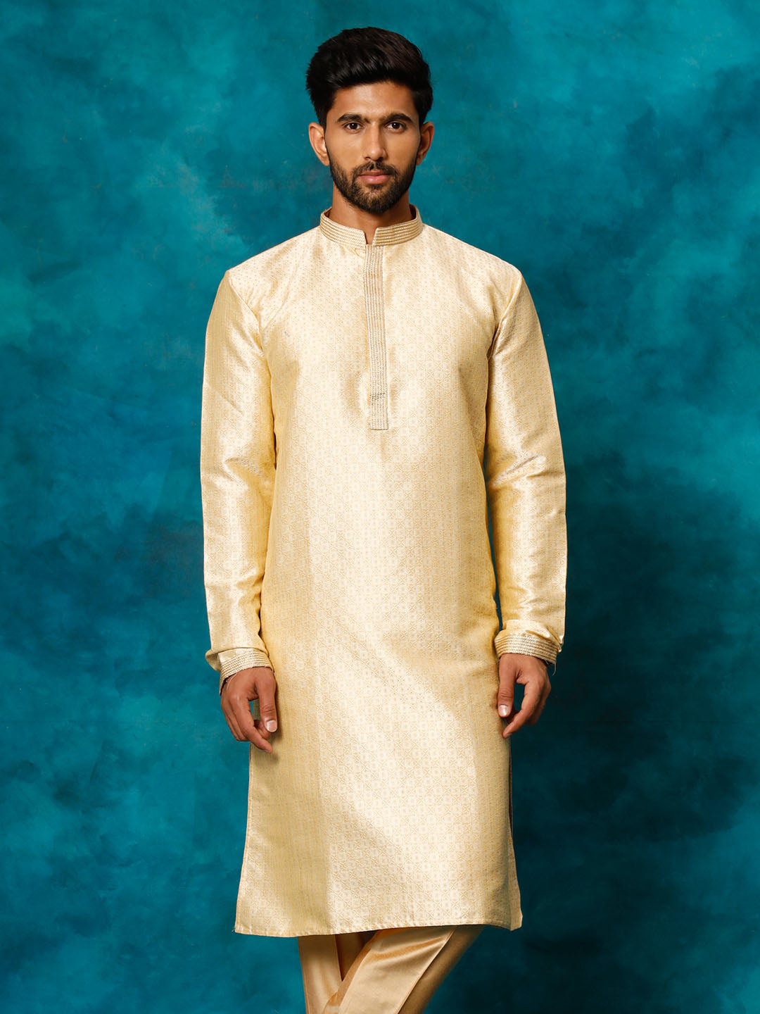 VASTRAMAY Men's Beige Banarasi Jacquard Kurta