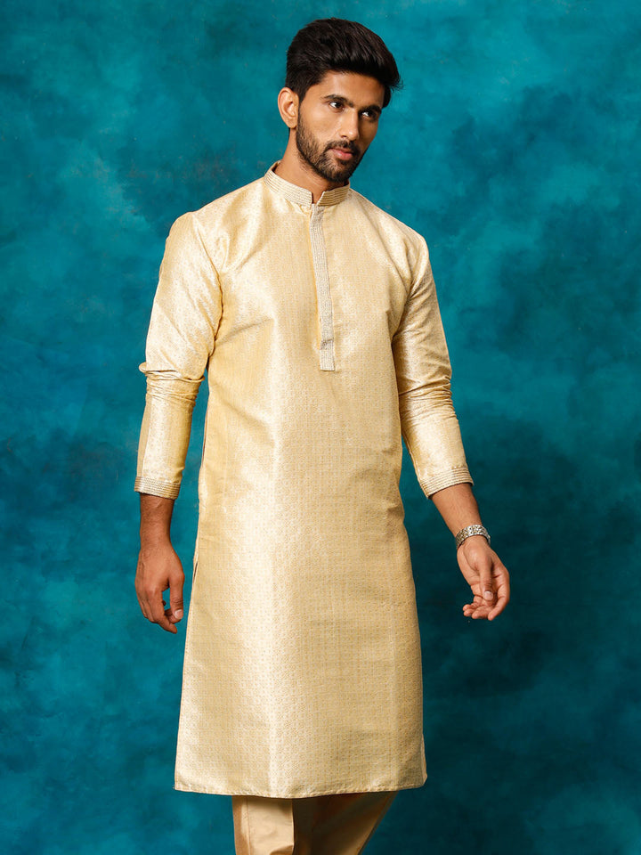 VASTRAMAY Men's Beige Banarasi Jacquard Kurta