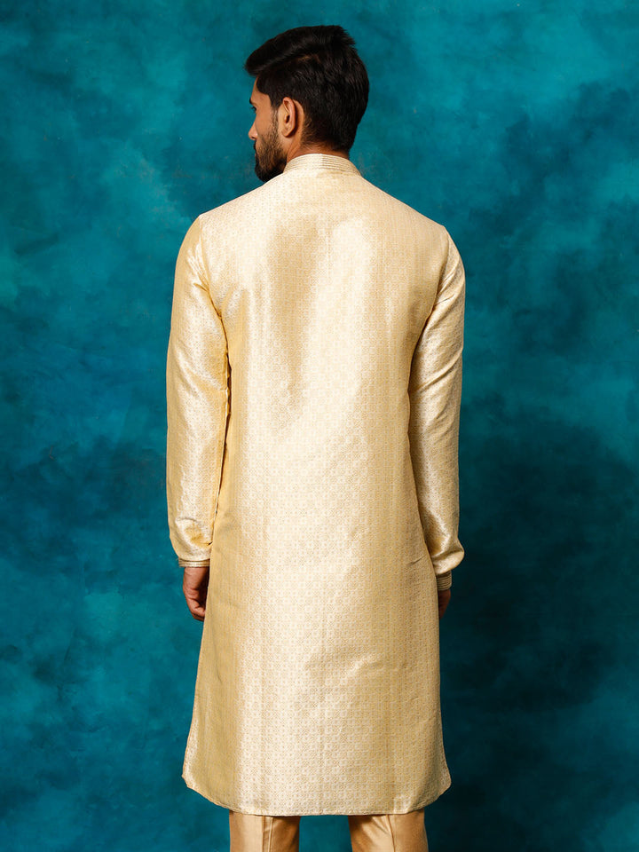 VASTRAMAY Men's Beige Banarasi Jacquard Kurta