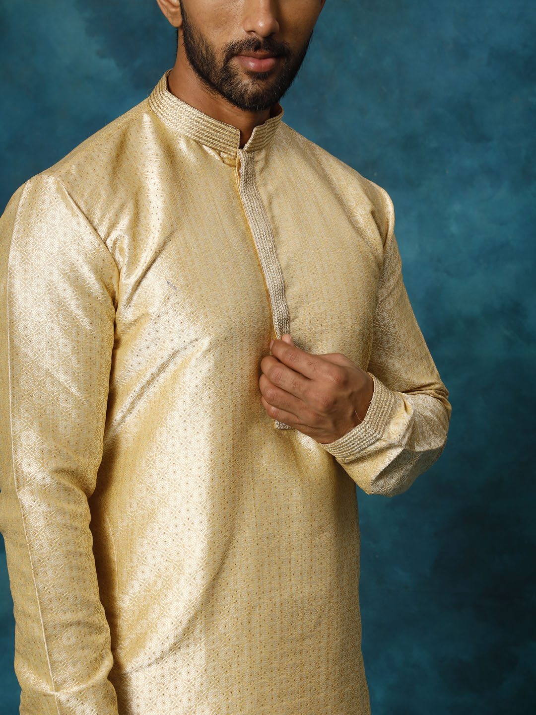 VASTRAMAY Men's Beige Banarasi Jacquard Kurta