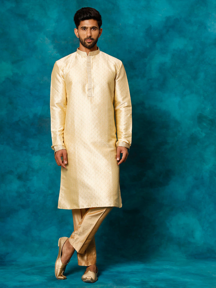 VASTRAMAY Men's Beige Banarasi Jacquard Kurta