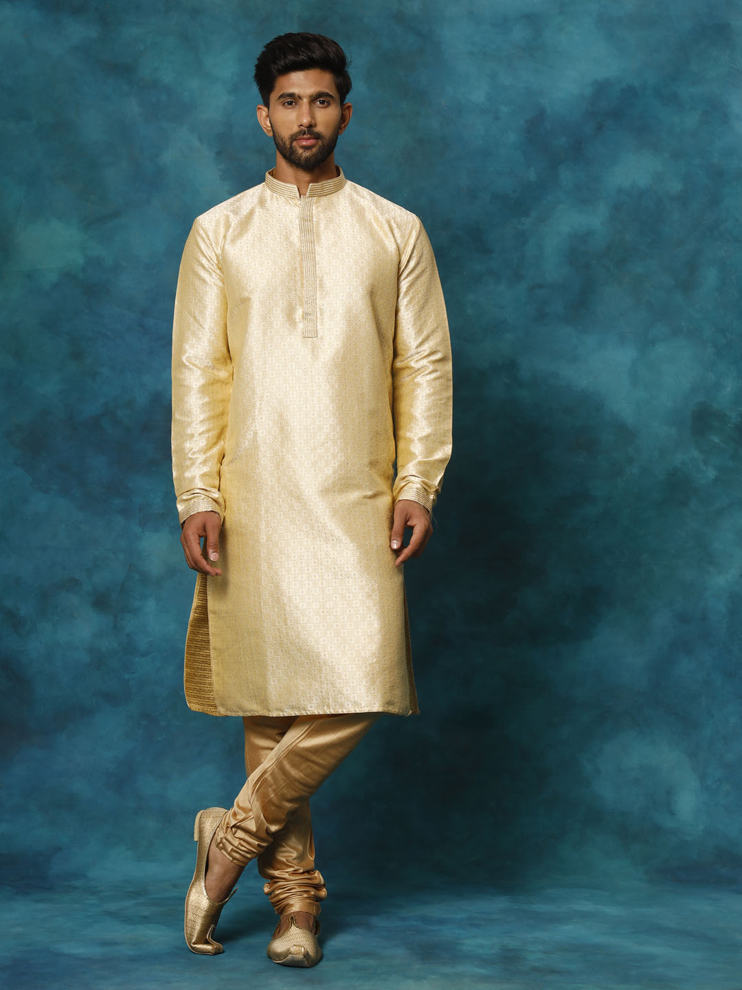 VASTRAMAY Men's Beige Banarasi Jacquard Kurta Pyjama Set