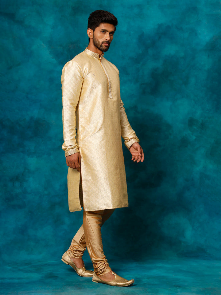 VASTRAMAY Men's Beige Banarasi Jacquard Kurta Pyjama Set