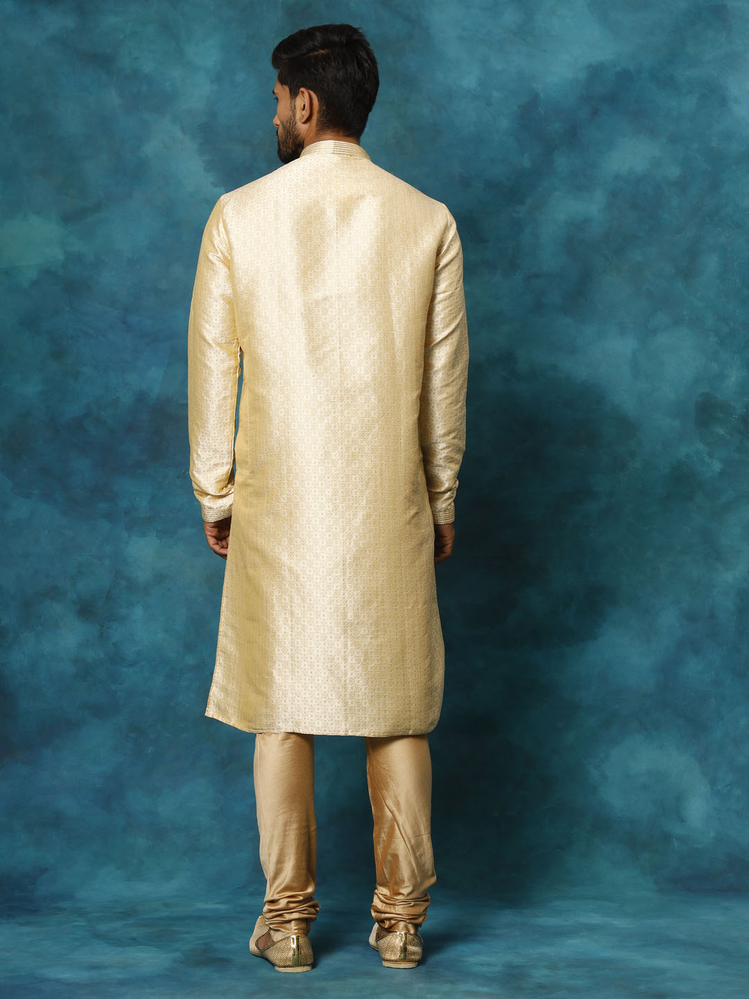 VASTRAMAY Men's Beige Banarasi Jacquard Kurta Pyjama Set