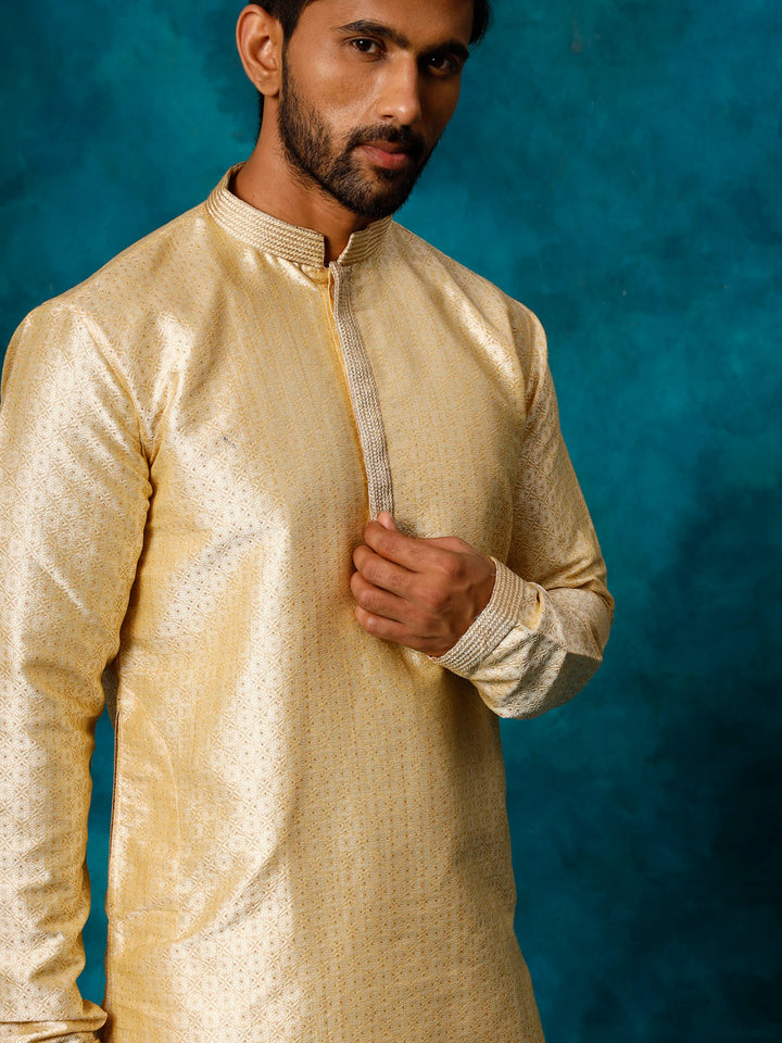 VASTRAMAY Men's Beige Banarasi Jacquard Kurta Pyjama Set