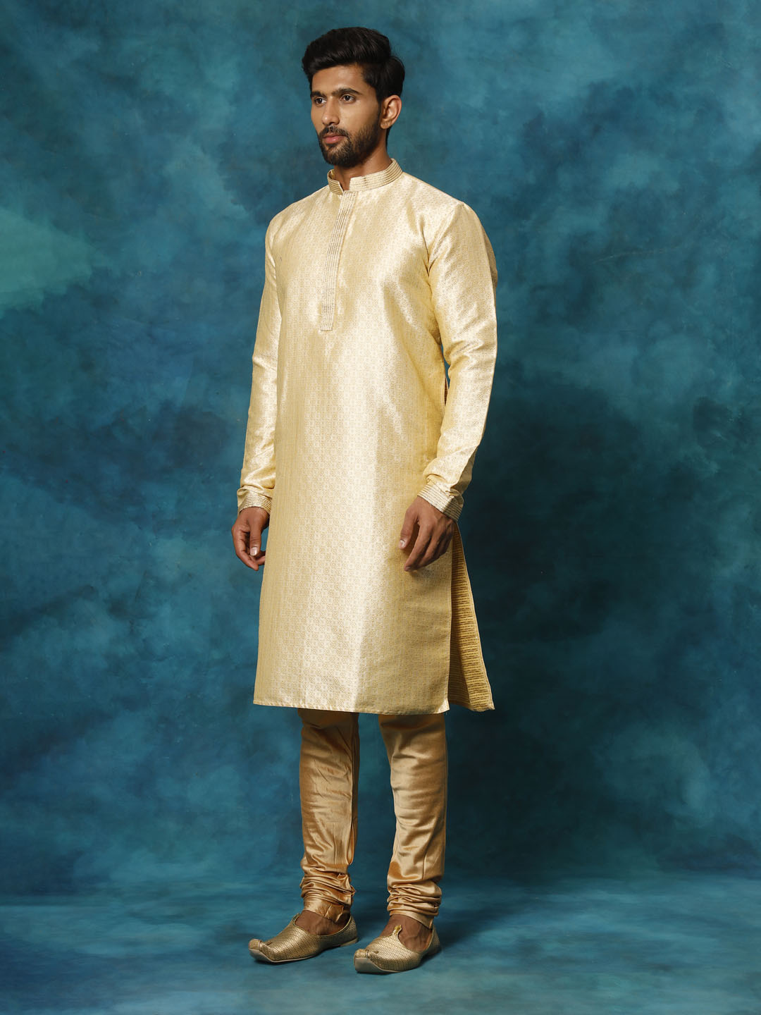 VASTRAMAY Men's Beige Banarasi Jacquard Kurta Pyjama Set