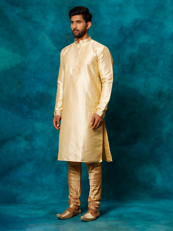 VASTRAMAY Men's Beige Banarasi Jacquard Kurta Pyjama Set