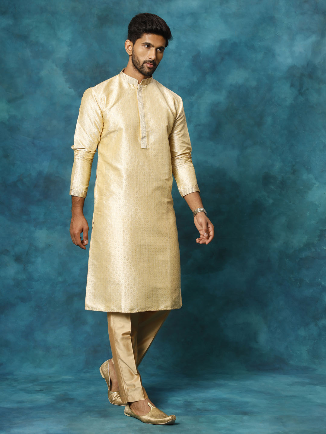 VASTRAMAY Men's Gold And Rose Gold Silk Blend Kurta Pyjama Set