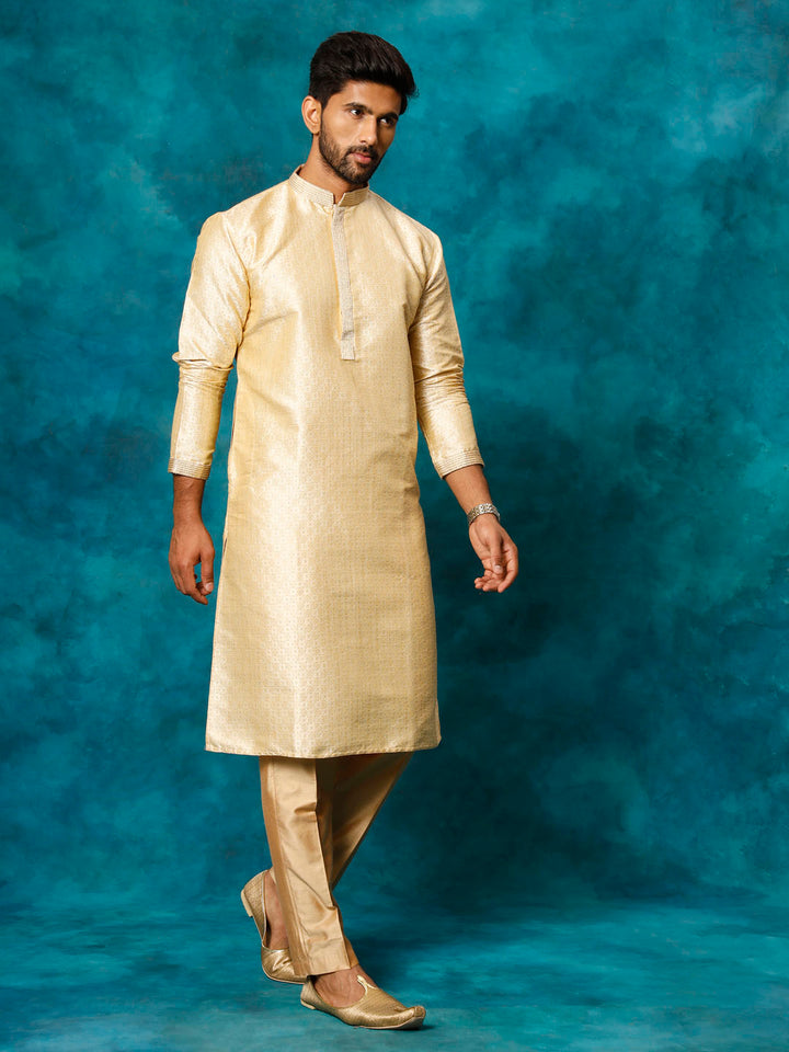 VASTRAMAY Men's Gold And Rose Gold Silk Blend Kurta Pyjama Set